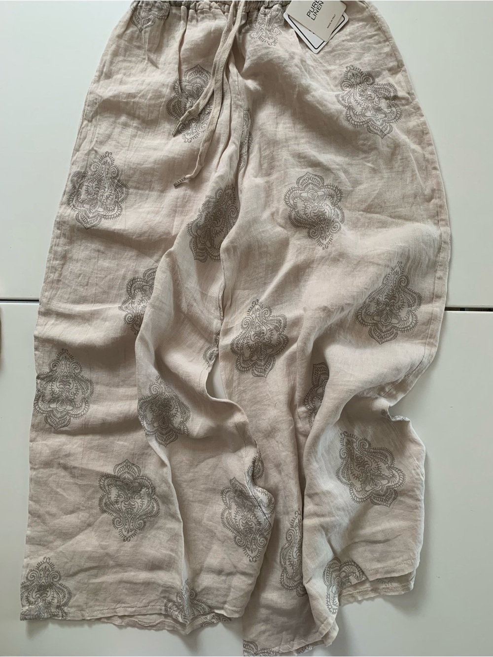 #11 Light Beige Printed Linen Blend Skirt with Drawstring Waist